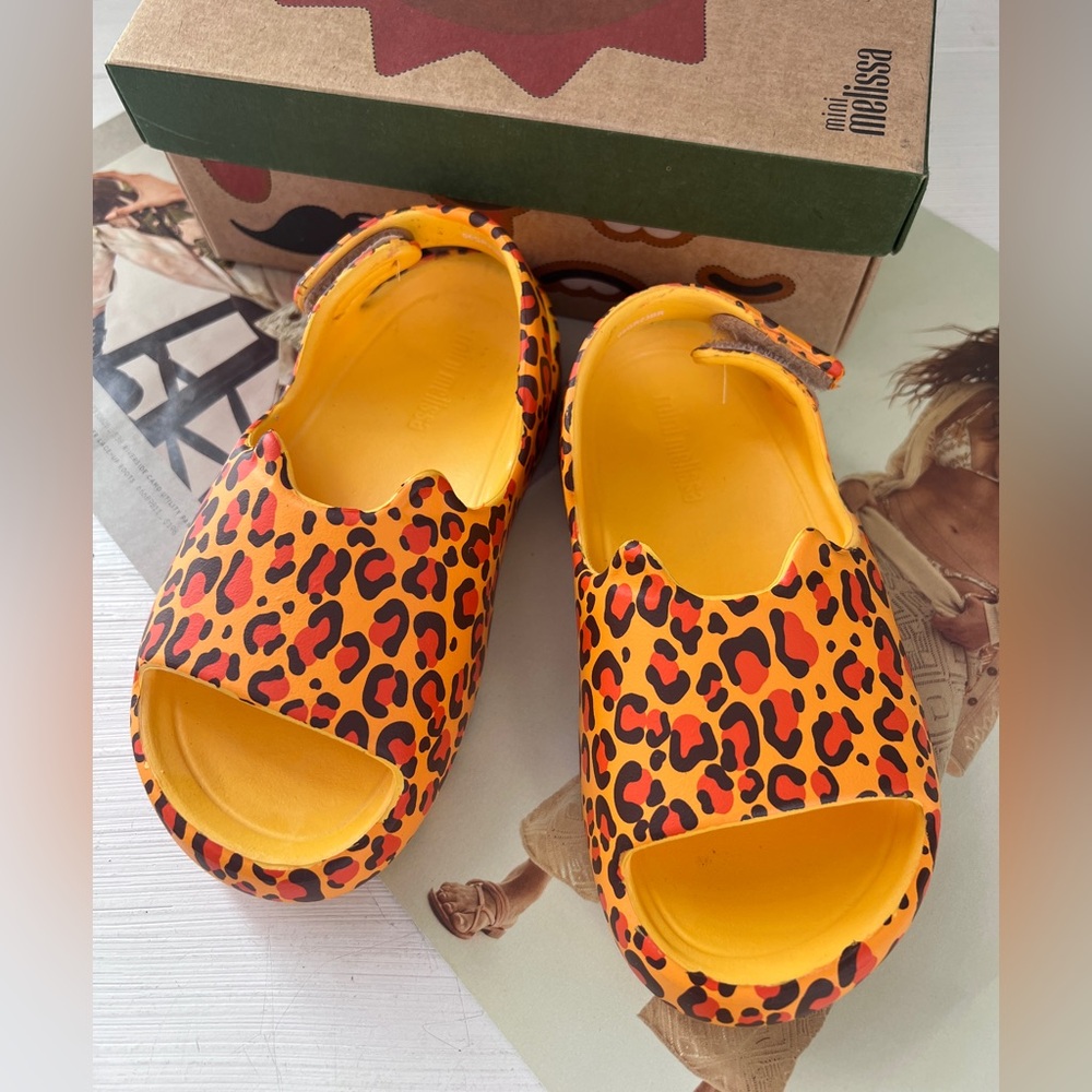 Mini Melissa Yellow Leopard Print Kids Sandals with Orange and Black Spots